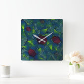 青いノッチ付き仮想花びら、リーフィーと赤い六角形 スクエア壁時計 (ホーム)