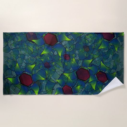 青いノッチ付き仮想花びら、リーフィーと赤い六角形 ビーチタオル (正面)