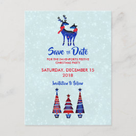 青いノルディッククリスマスツリーのトナカイのペア Save The Date ポストカード