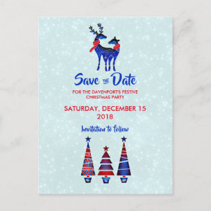 青いノルディッククリスマスツリーのトナカイのペア Save The Date ポストカード