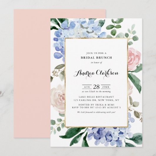 青いハイドランジアとピンクのバラのブライダルブランチ 招待状 (正面/裏面)