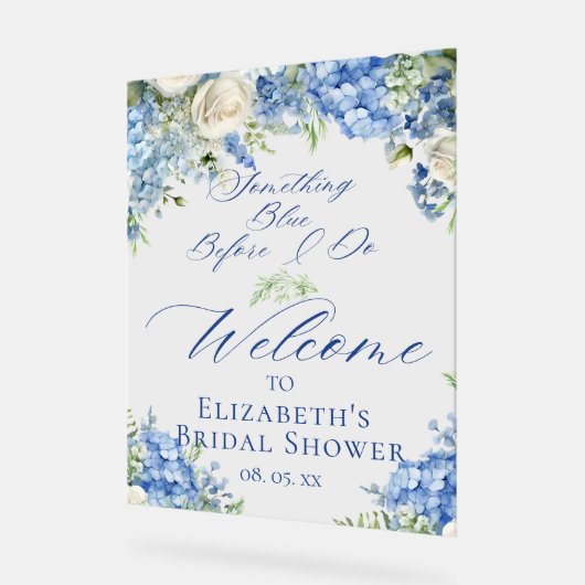 青いハイドランジアのウェディングシャワーのおもてなし アクリルサイン (傾斜)
