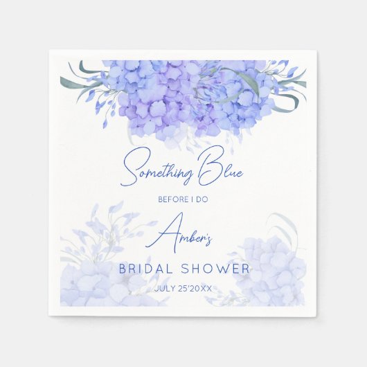 青いハイドランジアのプリントされたウェディングシャワーの何か スタンダードカクテルナプキン (正面)