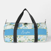 青いハイドランジアの水彩ネーム ダッフルバッグ (裏面)