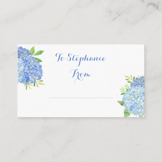 青いハイドランジアの水彩画 ブライダルシャワーディスプレイカード エンクロージャーカード (裏面)