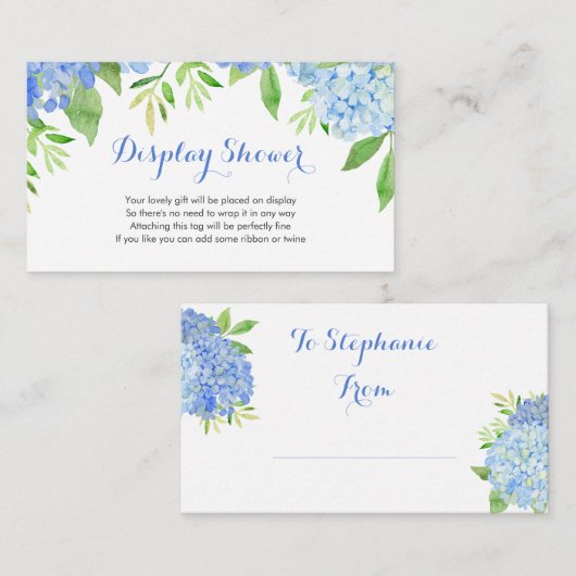 青いハイドランジアの水彩画 ブライダルシャワーディスプレイ エンクロージャーカード (正面/裏面)