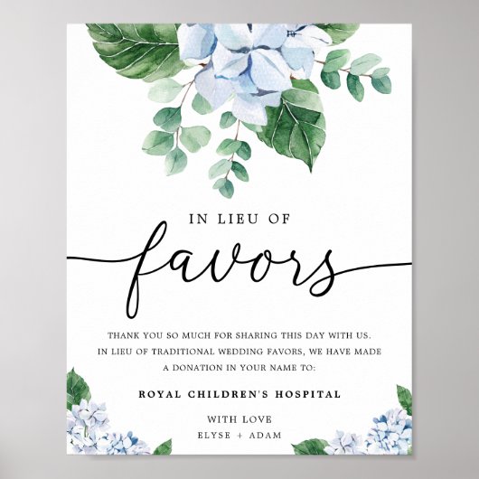 青いハイドランジアの花の代わりのお favors のサイン ポスター (正面)
