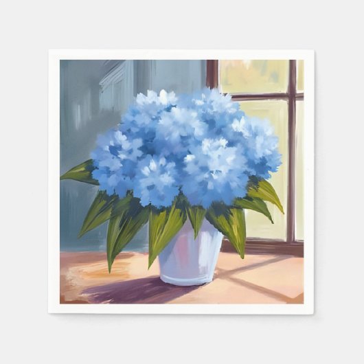 青いハイドランジアの花束の絵 スタンダードカクテルナプキン (正面)