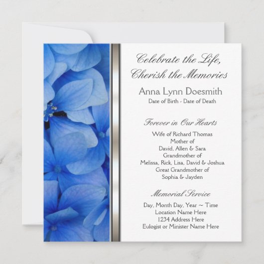 青いハイドランジアの葬儀案内 招待状 (正面)