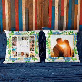 青いハイドランジア ゴールド 70周年 フォト コラージュ クッション