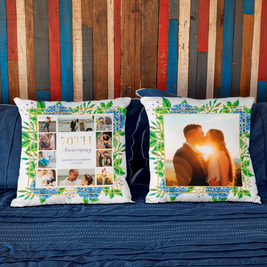 青いハイドランジア ゴールド 70周年 フォト コラージュ クッション