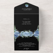 青いハイドレンジアのランタン ブラック ウェディング QRコード オールインワン招待状 (外側)