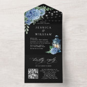 青いハイドレンジアのランタン ブラック ウェディング QRコード オールインワン招待状 (内側)
