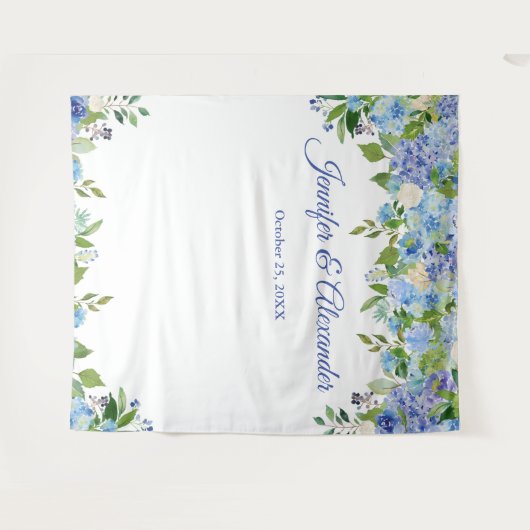 青いハイドレンジアの花のウェディング フォトブース 背景 タペストリー (正面(横))