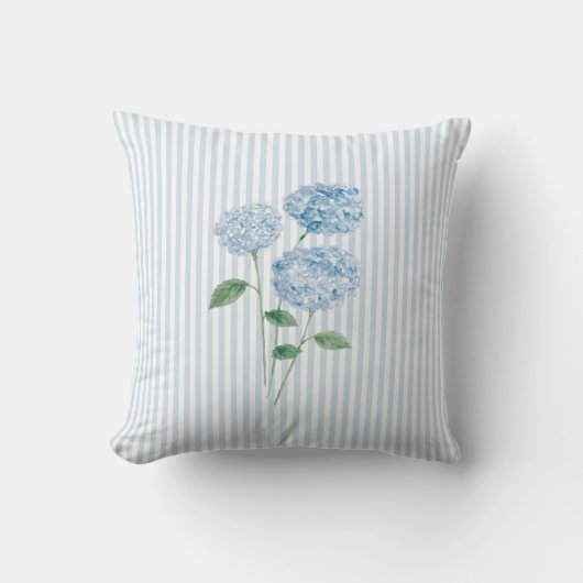 青いハイドレンジアの花の絵のブルーストライプ クッション (正面)
