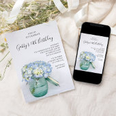 青いハイドレンチアの瓶の花束 誕生日パーティー 招待状