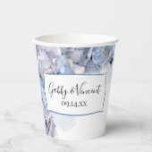 青いハイドレンチアの花の水彩画ウェディング 紙コップ (正面)