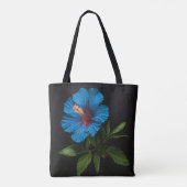 青いハイビスカスの花(黒) トートバッグ (裏面)