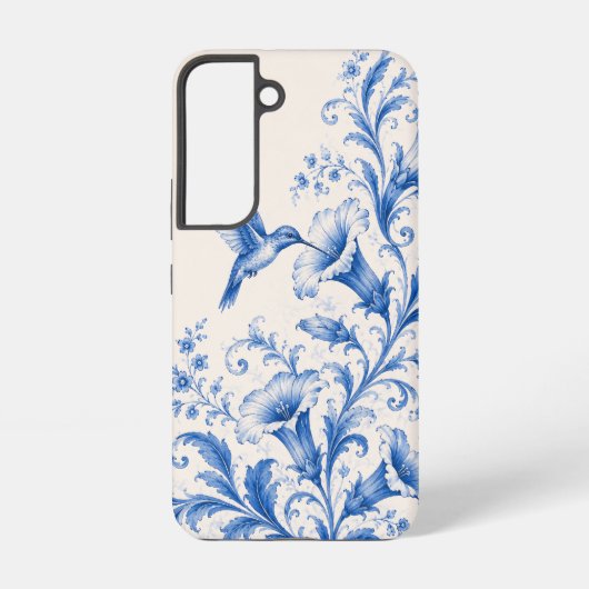 青いハチドリの花柄スマホケース SAMSUNG GALAXYケース (裏面)