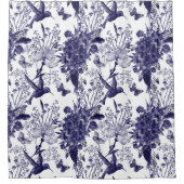 青いハチドリの花柄パターン シャワーカーテン (正面)