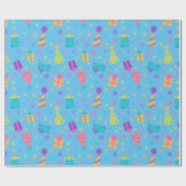 青いハッピーバースデーの帽子と贈り物 ラッピングペーパー (フラット)