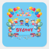 青いハッピーバースデー名ステッカー スクエアシール (正面)