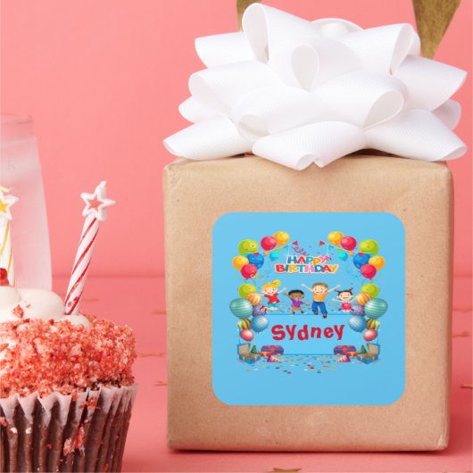 青いハッピーバースデー名ステッカー スクエアシール (パーティー)