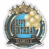 青いハッピーバースデー – 名前の追加 シール (正面)