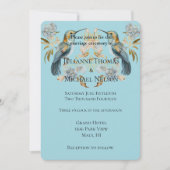 青いハミングバードと紫陽花の花のウェディング 招待状 (正面)