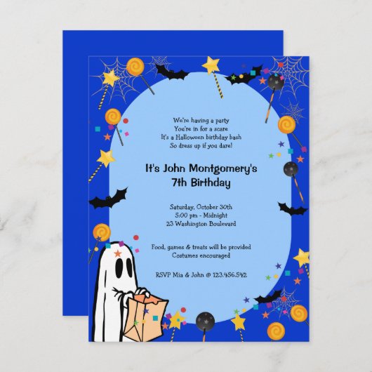 青いハロウィンの誕生日の衣裳のパーティの招待状 招待状 (正面/裏面)