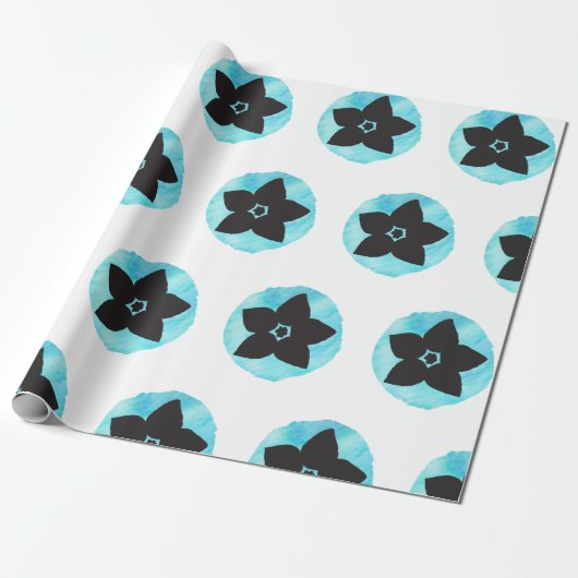 青いハワイアンの花模様 ラッピングペーパー (アンロールド)