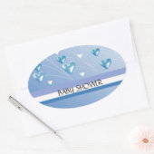 青いハートとストライプ赤ちゃんシャワー 楕円形シール (封筒)