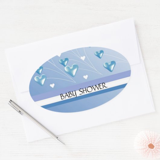 青いハートとストライプ赤ちゃんシャワー 楕円形シール (封筒)