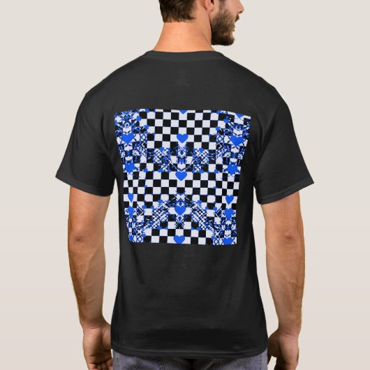 青いハートと形の市松模様 Tシャツ (裏面)