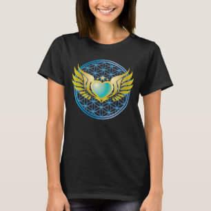 青いハートと金ゴールドの天使の翼が生き花に Tシャツ