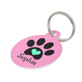 青いハートのカスタムの黒いPawprint ペット　ネームタグ