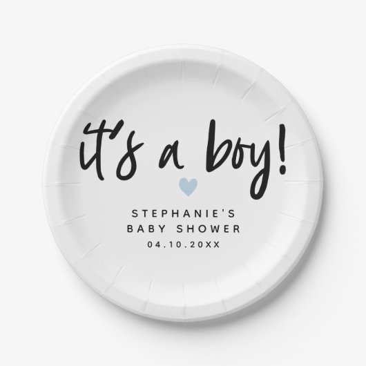 青いハートのベビーシャワー|それは男の子です ペーパープレート (正面)