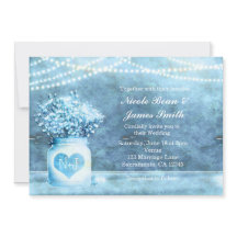 青いハートのメイソンジャーとワタの花の招待状