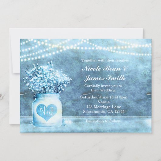 青いハートのメイソンジャーとワタの花の招待状 招待状 (正面)