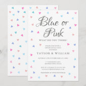 青いハートまたはピンクのハートの性別発表パーティー 招待状 (正面/裏面)