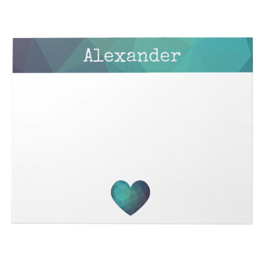 青いハートデザインカスタマイズ可能な名前の投稿ノート ノートパッド (正面)