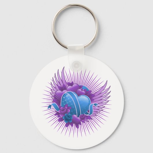 青いハートバラと翼 キーホルダー (正面)