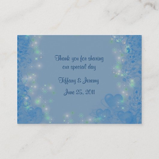 青いハートパーソナライズされたの結婚テーブル プレイスカード (裏面)