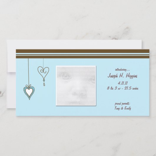 青いハートベビー発表写真カード 案内状 (正面)