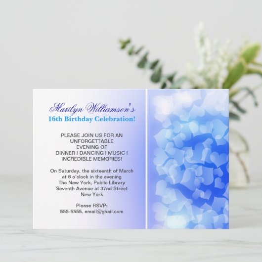 青いハートモダンの甘い16歳の誕生日招待状 招待状 (スタンド正面)