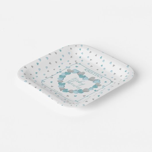 青いハートリース少し甘い赤ちゃんシャワー ペーパープレート (傾斜あり)