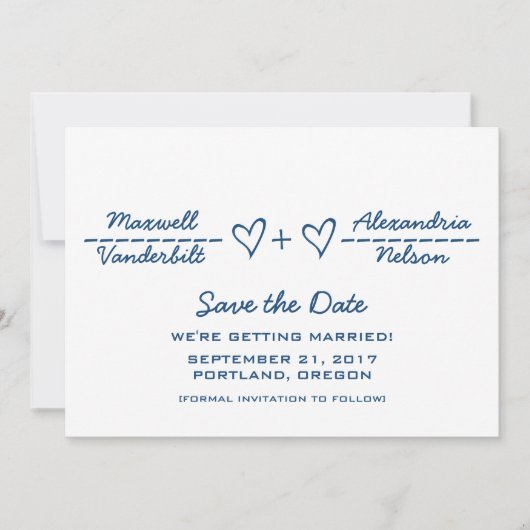 青いハート式日付の保存招待状 セーブザデート (正面)