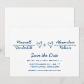 青いハート式日付の保存招待状 セーブザデート (正面/裏面)