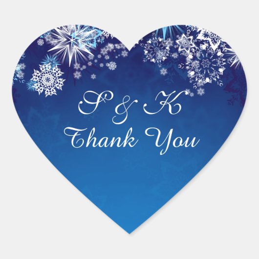 青いハート形のクリスマスの白い雪 ハートシール (正面)
