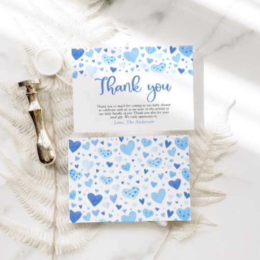 青いハート男の子バレンタインデーシャワーありがとう エンクロージャーカード